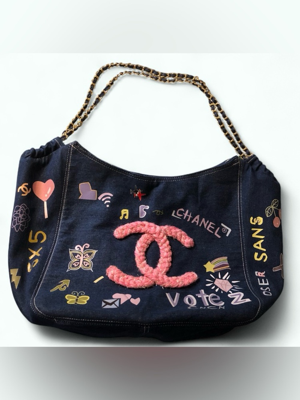 Navy Canvas Shoulder Bag with Pink CC Patch
